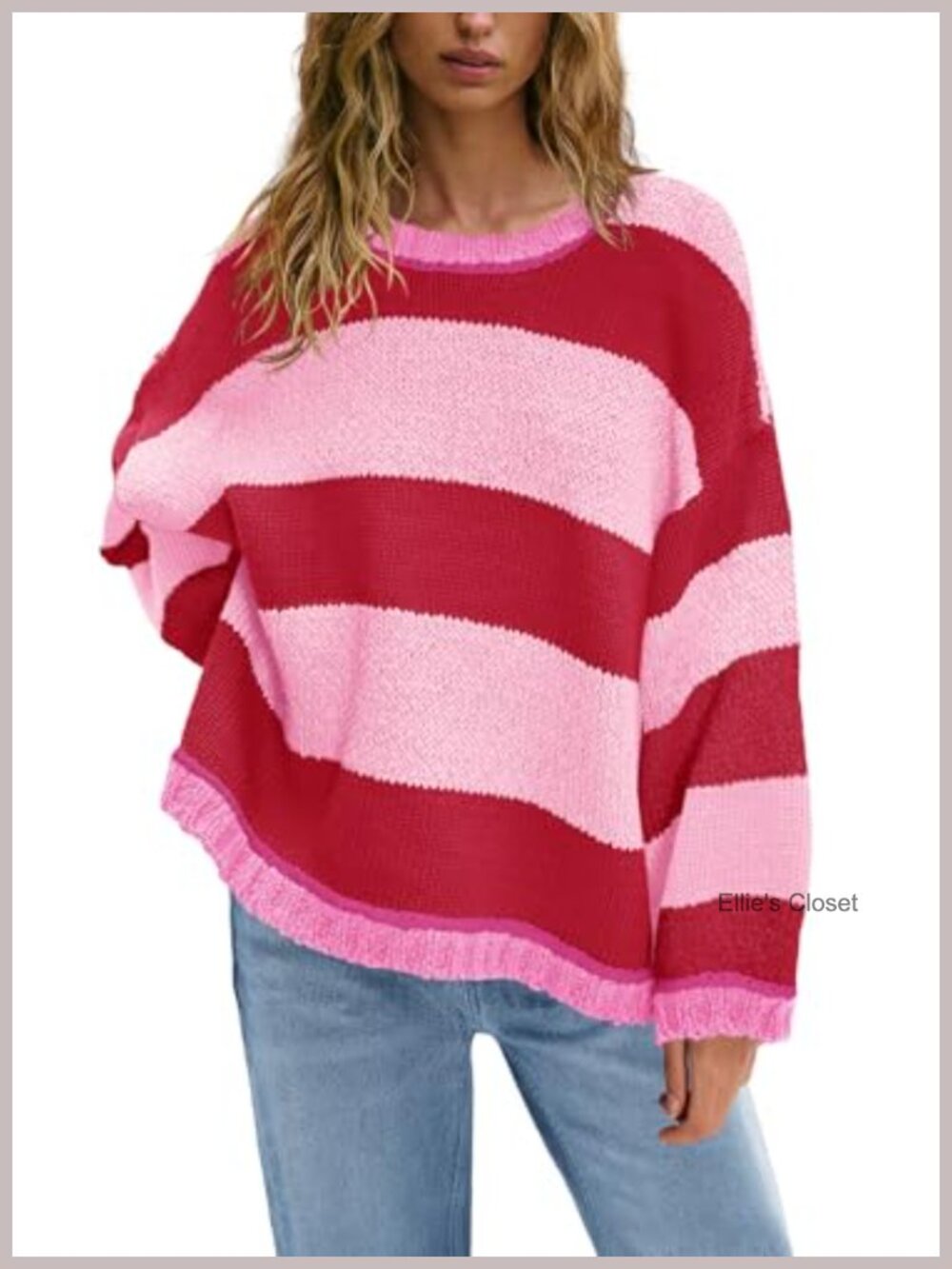 Oversized Chunky Cable Knit Crewneck Colorblock Striped Pullover Sweater